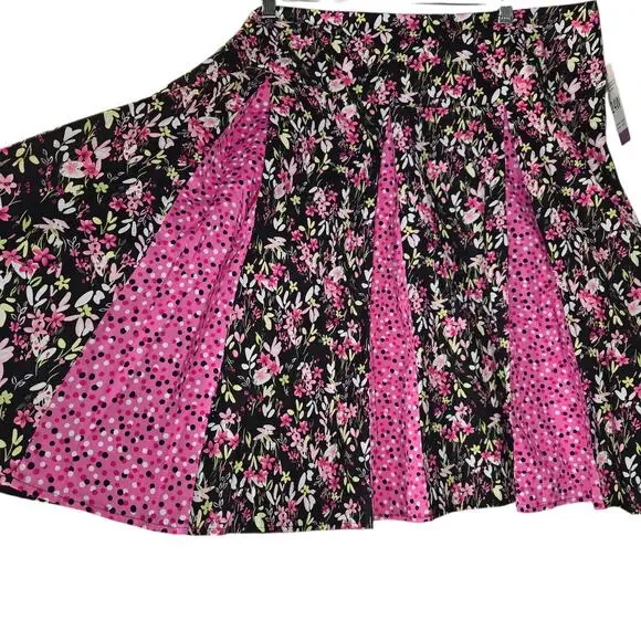 Notations Women 24W Floral SKirt Black Pink Polka Dot Cottagecore Romantic - Picture 7 of 16